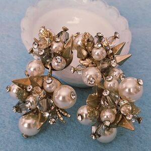 VTG 1950s Mid-Century Faux Pearl Crystal Cluster Dangle Earrings Post-back 2"L